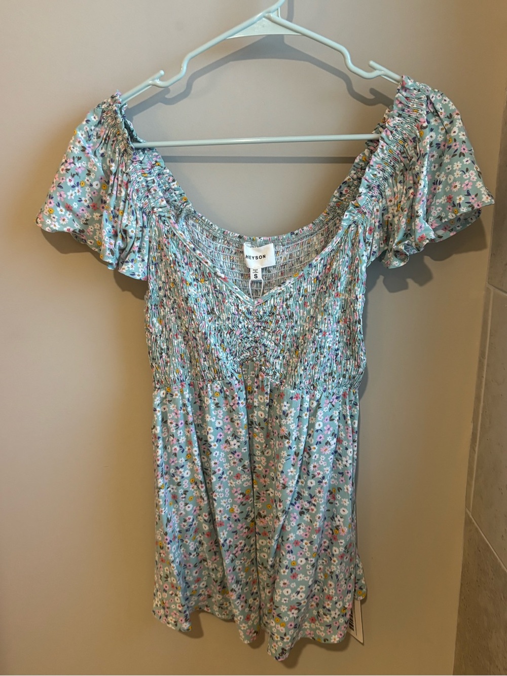 Heyson Floral Smocked Short Sleeve Top - Mint